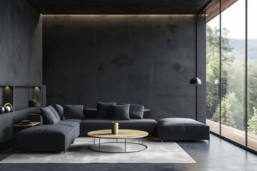 Minimalist living room with a sleek black wall Modern furniture And natural light