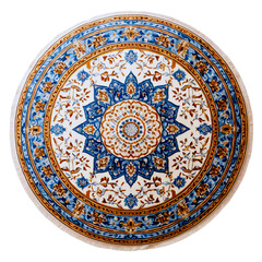 Round circle Turkish Carpet Rug, Persian Rug, Isolated transparent on white background, PNG, Blue, Brown and Beige colors