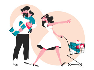 family shopping. A woman with a cart, a child in the arms of the father. Cartoon style. Vector illustration isolated on white background.