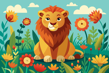 Obraz na płótnie Canvas the lion is sitting in the flowers vector illustration 