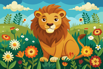 Obraz na płótnie Canvas the lion is sitting in the flowers vector illustration 