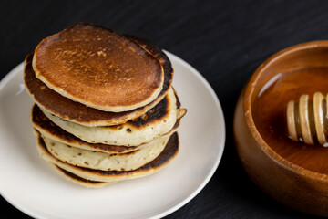 bee sweet honey on milk pancakes