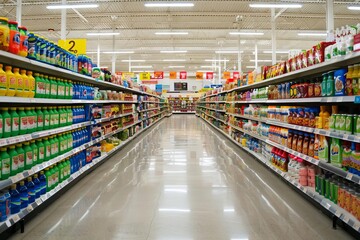 Supermarket aisle filled with a vast selection of products Bright and inviting Offering endless choices - obrazy, fototapety, plakaty