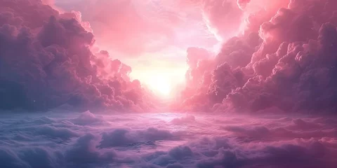 Foto op Canvas Adreamyarchwithpinkcloudssoftpastelbannerandheavenlyatmosphere. Concept Fantasy Architecture, Pink Clouds, Soft Pastel Colors, Heavenly Atmosphere © Ян Заболотний