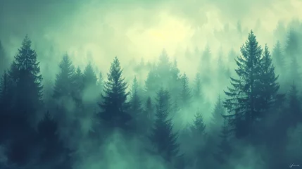 Foto auf Leinwand misty landscape with fir forest in vintage retro style  © hisilly