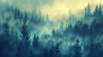  misty landscape with fir forest in vintage retro style  © hisilly