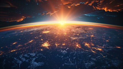 panoramic view on planet earth globe from space glowing city lights light clouds  - obrazy, fototapety, plakaty