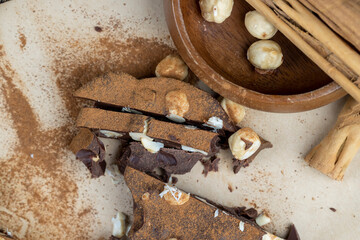 sweet chocolate with cocoa and nuts and other ingredients