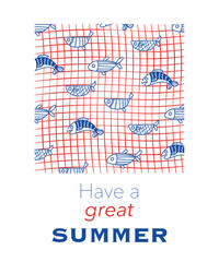 Summer mood greeting card poster template. Background with blue fish and red lines, Summer greeting card. Post card. Have a great summer
