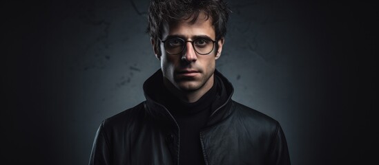 Obraz premium A man wearing glasses and a black jacket is depicted in a cropped view against a gray backdrop. He exudes a sense of confidence and professionalism.