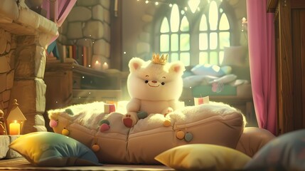 Surrounded by plush pillows, the adorable character builds a pillow fort, its imagination turning it into a majestic castle fit for royalty. - Powered by Adobe