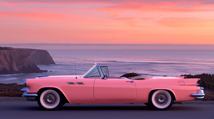 a pink convertible car parked on a road with a body of water in the background
