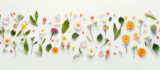Obraz premium A variety of vibrant spring flowers and green leaves have been artfully arranged on a wall, creating a flat lay pattern. The flowers include roses, daisies, tulips, and more, adding a burst of color