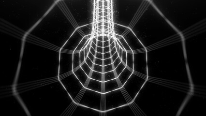 Naklejka premium Abstract glowing black and white digital VJ tunnel made by lines and bokeh particles moving on the dark background. Futuristic, Sci Fi, Cyberspace, Technology, Neon Tube, Empty Space.