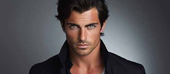A striking portrait shot of a dark-haired male wearing a black jacket and a white shirt. The man stands confidently against a white background, exuding a sense of style and sophistication.