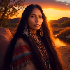 portrait of a native American indian woman at sunset