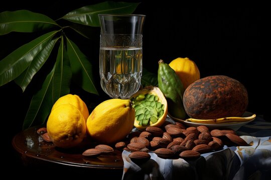 Glass of cloudy water and cocoa fruits on table, organic ingredients conceptual image