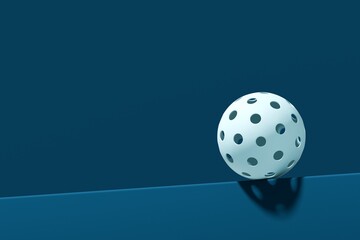 Pickleball sport equipments. Ball on blue podium. 3d illustration, rendering. Hero view with copy space