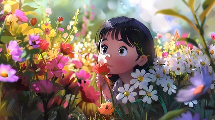 Surrounded by oversized flowers, the adorable character tiptoes through a garden, its nose twitching as it smells the fragrant blooms.