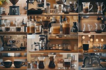 A montage of different coffee brewing methods, including espresso machines, pour-over devices, AeroPress, and Turkish ibriks, showing the diversity of coffee culture around the world. - obrazy, fototapety, plakaty