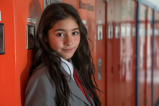 Schoolgirl with wavy hair and red tie leaning against vibrant orange lockers, a picture of youthful school days.