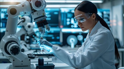 a woman wearing white lab coat and goggles working in a laboratory - obrazy, fototapety, plakaty