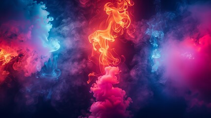 Dense multicolored smoke of red, purple and pink colors on a black isolated background. Background...