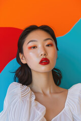 professional studio shot of beautiful young asian korean woman with vibrant retro color pop background in orange blue red for beauty make up magazine editorial glowing skin