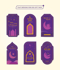 Islamic greetings card design collection in purple and yellow. Eid Mubarak Celebration. Flat vector Illustration. 