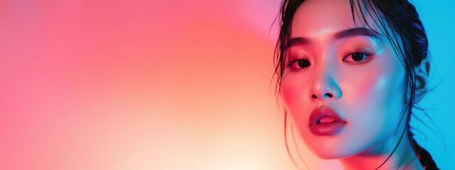 professional studio shot of beautiful young asian korean woman with vibrant retro neon pink orange...