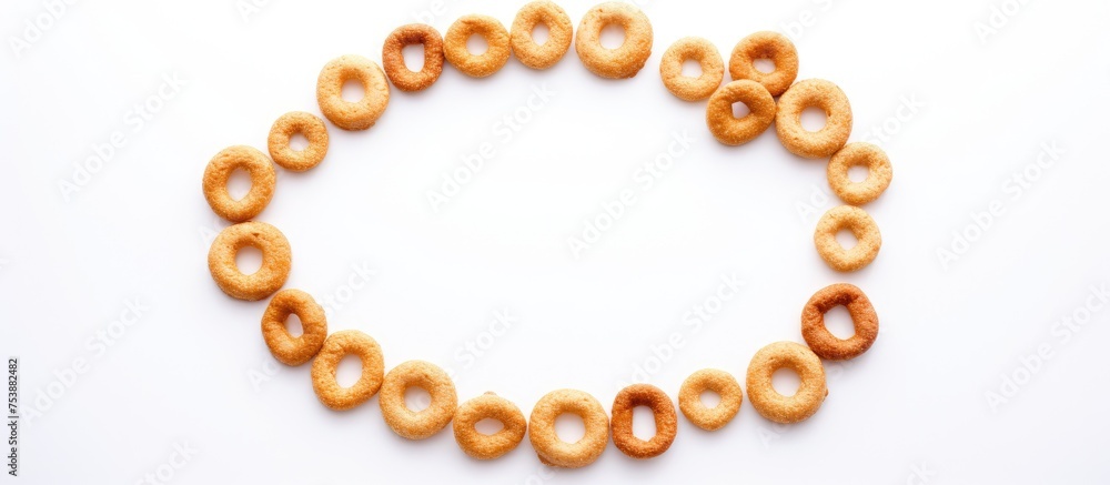 Poster a collection of donuts arranged in a circular shape on a white background, creating a visually appea