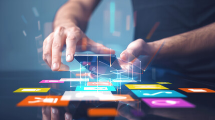 
Man using smartphone with colorful mobile apps on virtual screen, digital software technology development concept