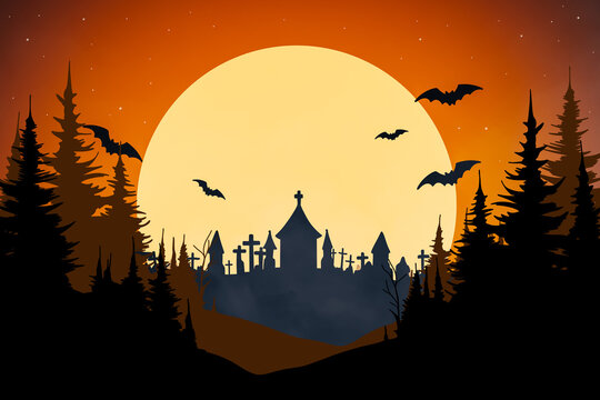 A full moon with bats flying over a cemetery - Powered by Adobe
