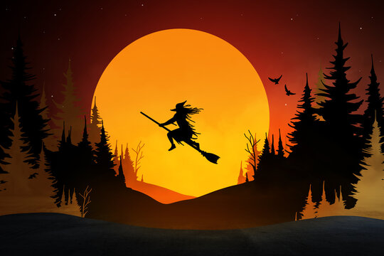A silhouette of a witch flying over a forest