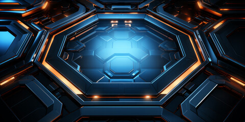 Futuristic digital technology hi-tech stage with neon blue hexagonal pattern.