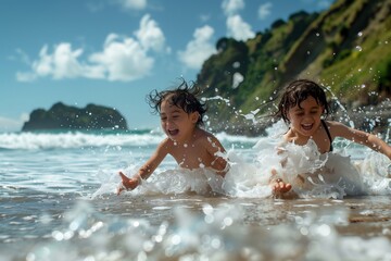 Fototapeta premium Two Polynesian children playing at a NZ beach, happy, splashing