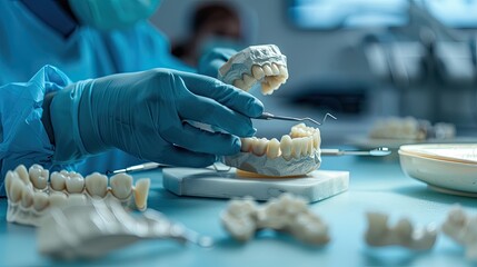 A professional dental technician meticulously works on crafting prosthetic teeth models in a dental laboratory