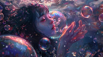 Surrounded by floating bubbles, the curious character reaches out to touch one, marveling at its iridescent sheen.