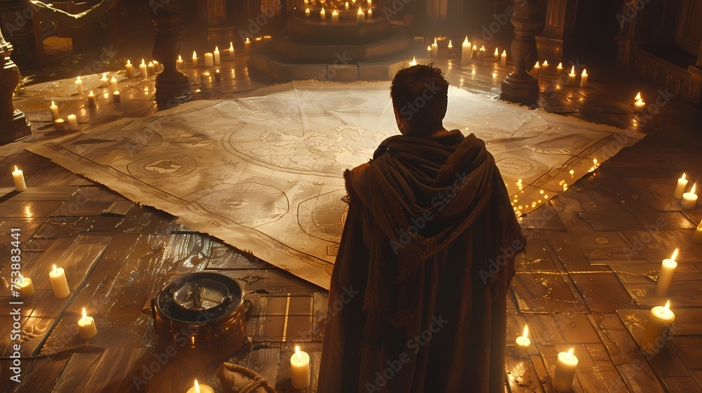 Poster surrounded by flickering candles, the curious character examines an ancient, weathered map spread ac