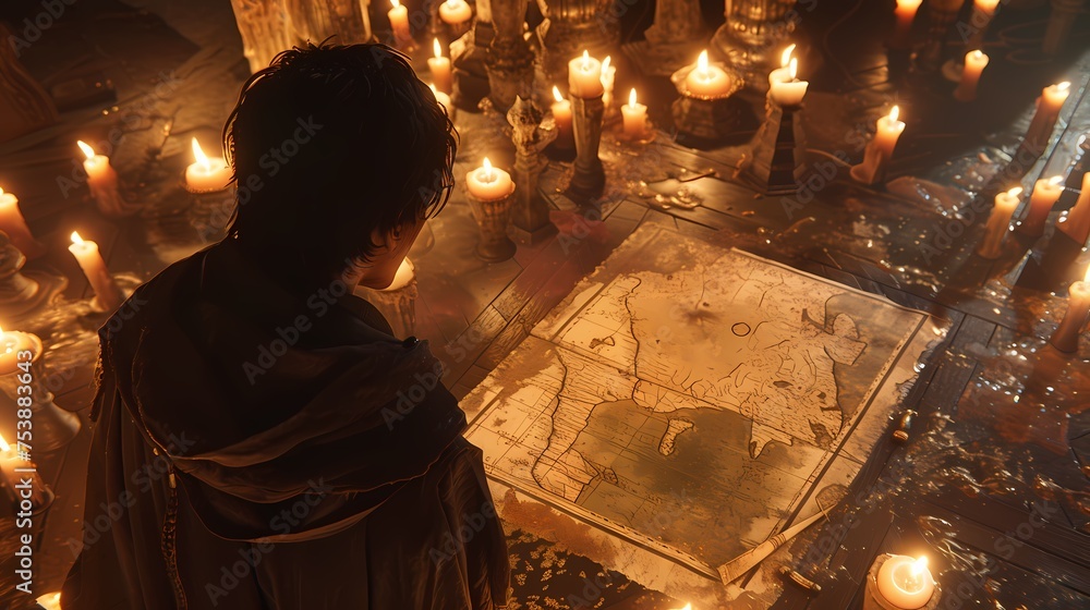 Poster Surrounded by flickering candles, the curious character examines an ancient, weathered map spread across the studio floor.