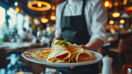 French cuisine Crepes, with copy space , Waiter serving in motion on duty in restaurant. The waiter carries dishes