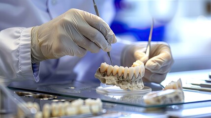 Scientist examining dental prosthesis under light
