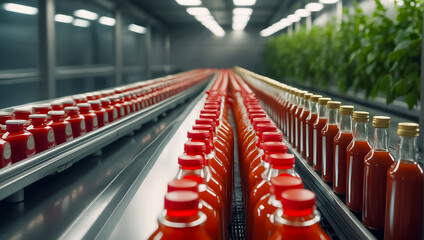 conveyor line with natural  ketchup bottles