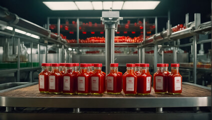 conveyor line with ketchup bottles manufacture