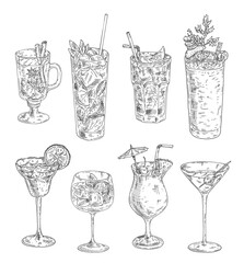 Set various types of cocktails. Vintage engraving illustration