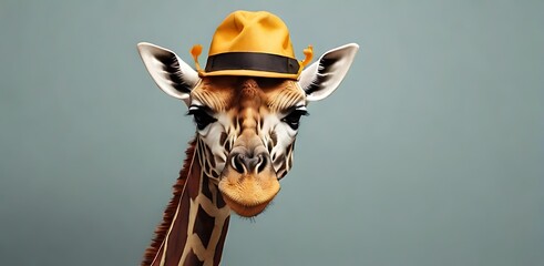 isolated on soft background with copy space giraffe wearing hat concept