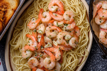 Succulent Indulgence: 4K Ultra HD Image of Delicious Shrimp Scampi over Pasta