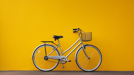 a black bicycle over yellow wall background