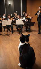 Fototapeta premium A cat sitting on the floor with musical instruments behind it