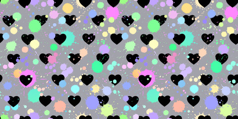 Seamless pattern of colorful splashes and hearts